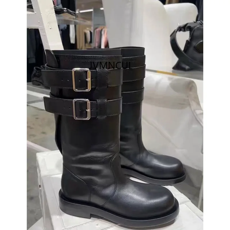 

Осенние женские мотоциклетные ботинки до середины икры на массивной подошве с пряжками на ремне в новом британском стиле из овчины