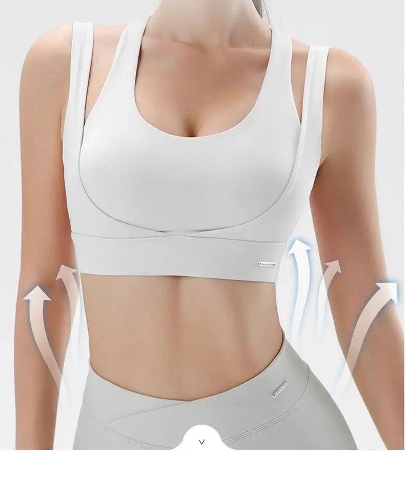 High Support Fake Two Piece Sports Bra Women, Racerback Shock Absorbing Anti-Droop Running Yoga Vest with Built-in Chest Pads