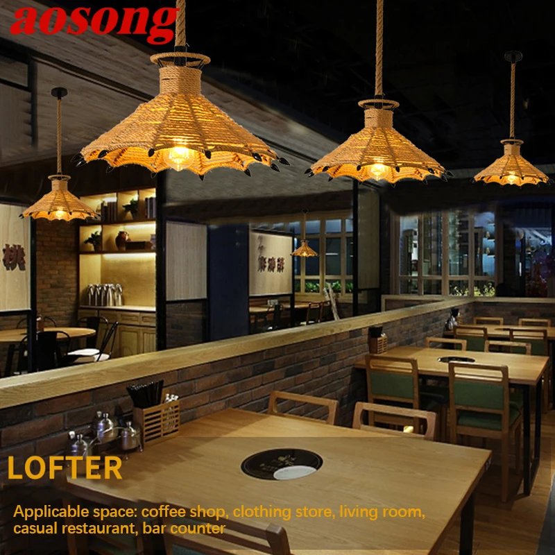 

AOSONG American Style Retrohemp Rope Chandelier Nostalgic Loft Industrial Style Internet Cafe Restaurant Hot Pot Shop Pendant