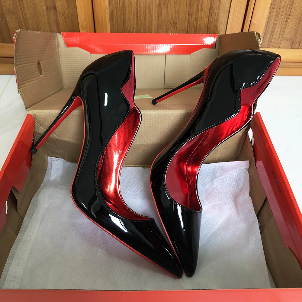 Heelgoo Elegant Glossy Black Curl Cut Women Pointy Toe 12cm High Heel Shoes Sexy V Cut Lady Party Wedding Stiletto Pumps Size46