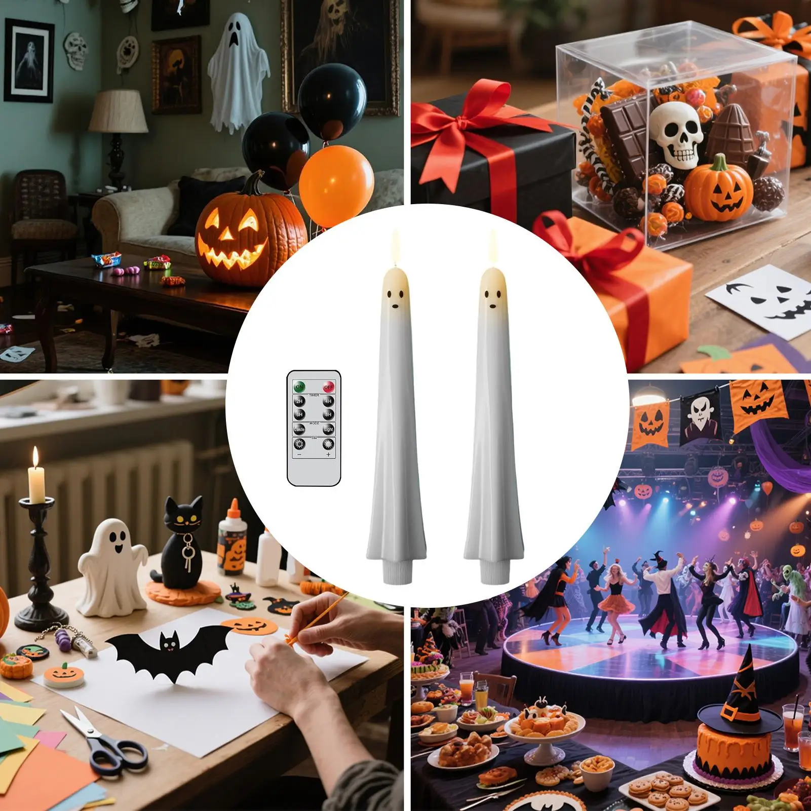 

Halloween Flameless Flickering Candles With Remote Control And Timer 2Pcs/set Halloween LED Ghost Faces Candles Set