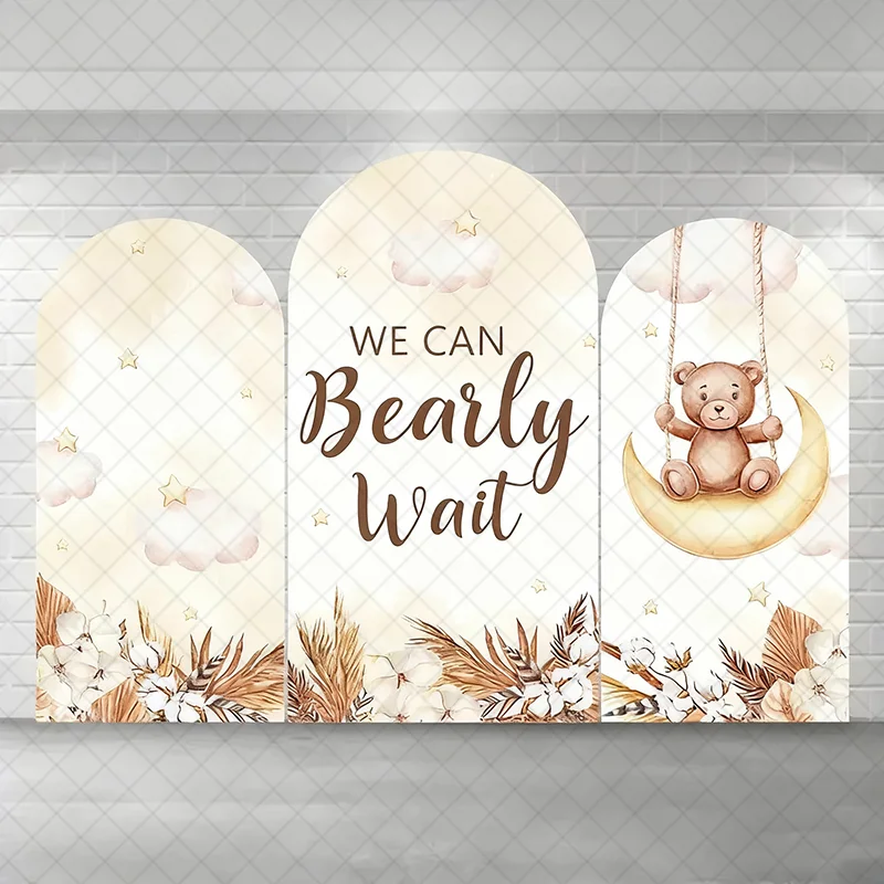 

LS Custom 2-Sided Cute Bear Bohe style Floral Boys Birthday Party Baby Shower Cover Chiara Arch Wall Background Decor Backdrop