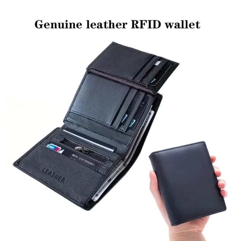 3-Fold Business Purse with Zipper Pocket & Multi-Card Slots Genuine Leather Men's RFID Blocking AntiTheft Wallet