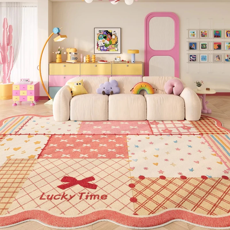 Girly Style Carpets for Living Room Dopamine Color Grid Bedroom Decor Carpet Fluffy Soft Irregular Rug Home Cute Plush Floor Mat