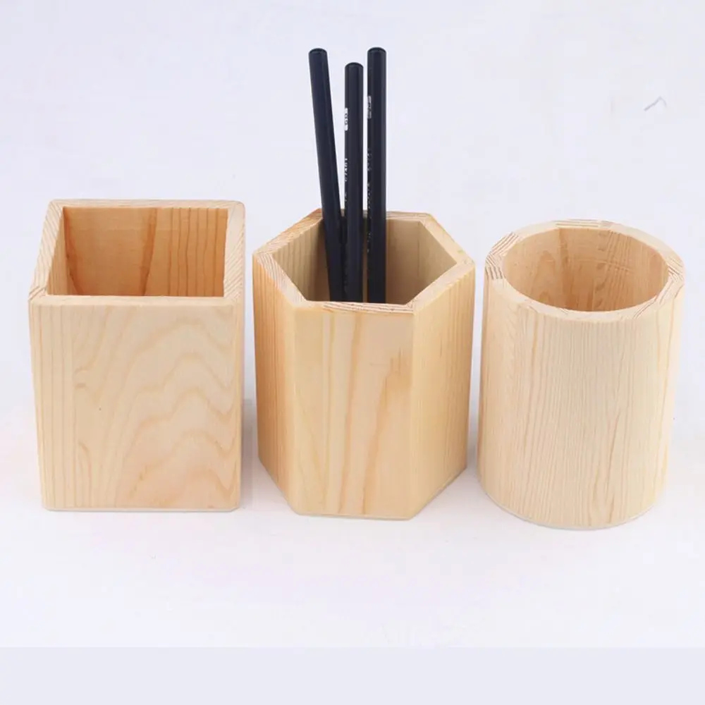 Multi-functional Wooden Pen Holder DIY Painting Round/Hexagonal/Square Makeup Brush Holder Desktop Organizer Students