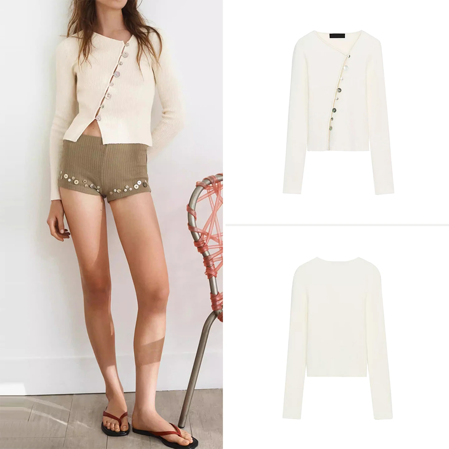 

Spring 2026 Women's Long Sleeve Asymmetric Button Knitted Jacket Fashionable Commute Style Medium Softness Single Piece