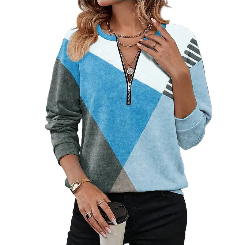 Women's Colorblock Half Zip Pullover Sweatshirt Blue Grey Geometric Patchwork Long Sleeve Loose Fit Casual Top