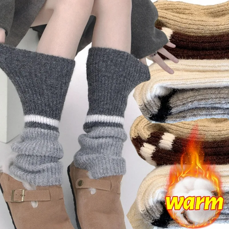 

Vintage Knitted Leg Warmers for Women Winter Patchwork Color Thicken Warm Middle Tube Stockings Stacked Leg Covers Harajuku Sock