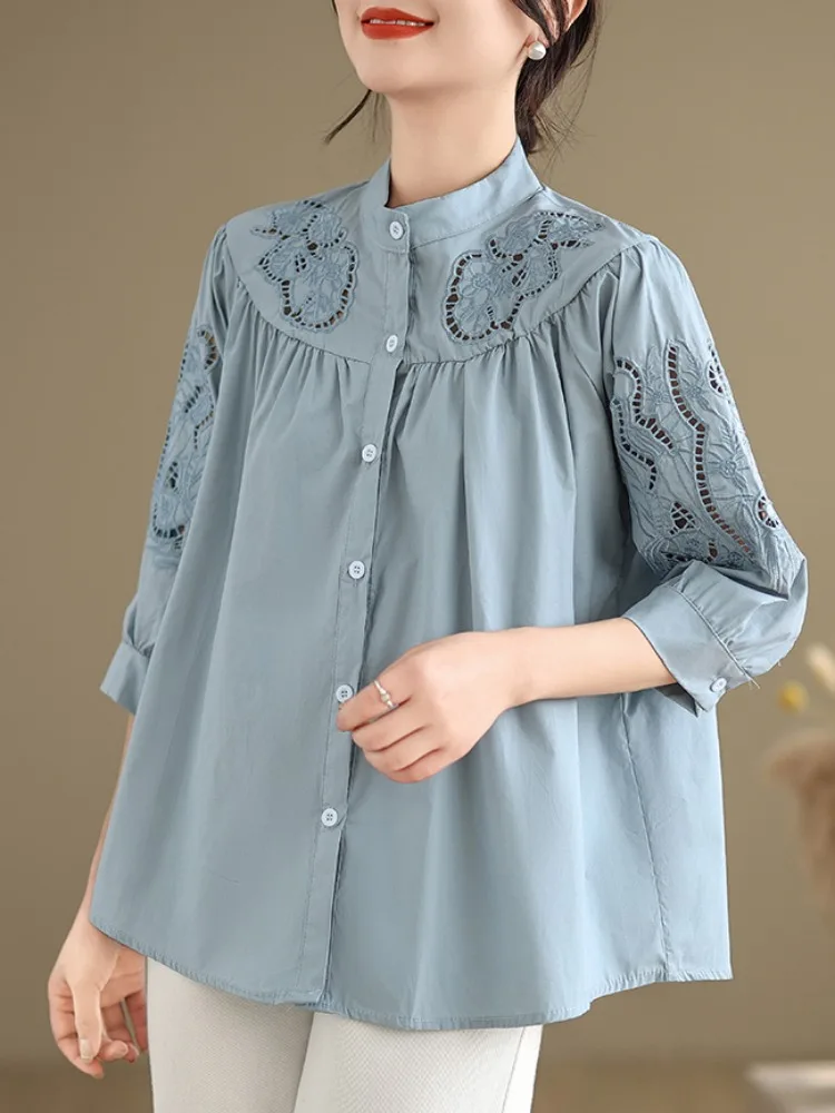 

Ele Hollow Embroidered Cotton irt Women Summer Color Large Size Youthful Stand Collar Top Mom's Upperwear