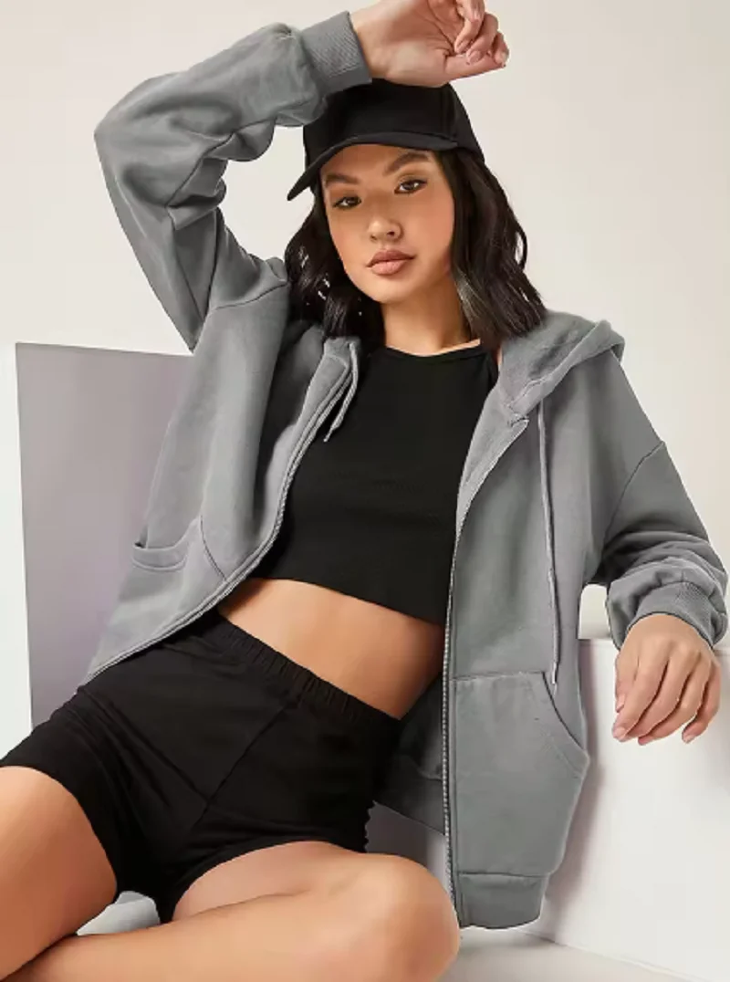 

2025 Autumn Women Gray Jacket with Hood Long Sleeve Big Pocket Zipper Jacket Coat Woman Loose Casual Outerwear Coat Tops