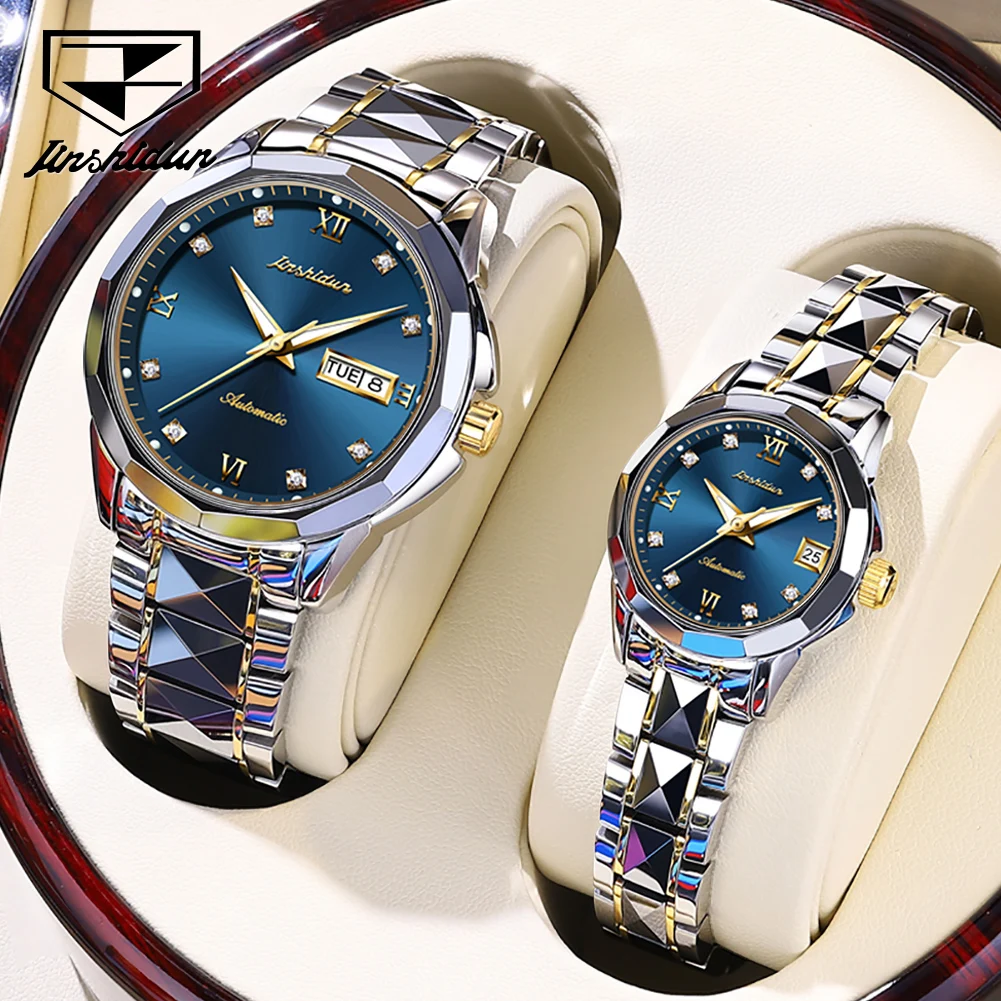 JSDUN Couple Watches Luxury Fashion Tungsten Steel Strap Sapphire Mirror Original Automatic Mechanical Wristwatch Waterproof New