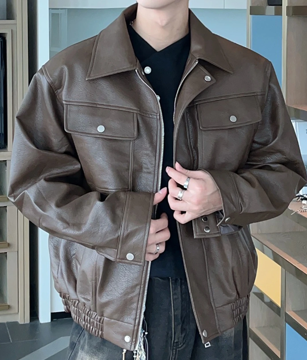 2025 Men's Autumn New Stylish Faux Leather Jackets High-end Padded Shoulder Motorcycle PU Leather Jackets Male Handsome Coats