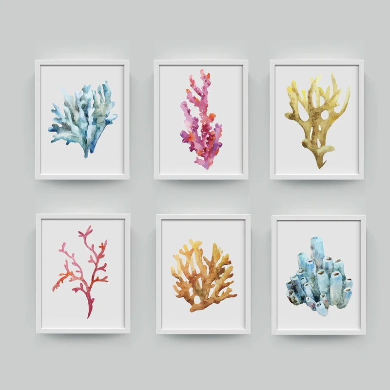 Corals Art Print Took A Watercolor Bow – Nautical Frameless Canvas for Bathroom Hanging Wall Decor
