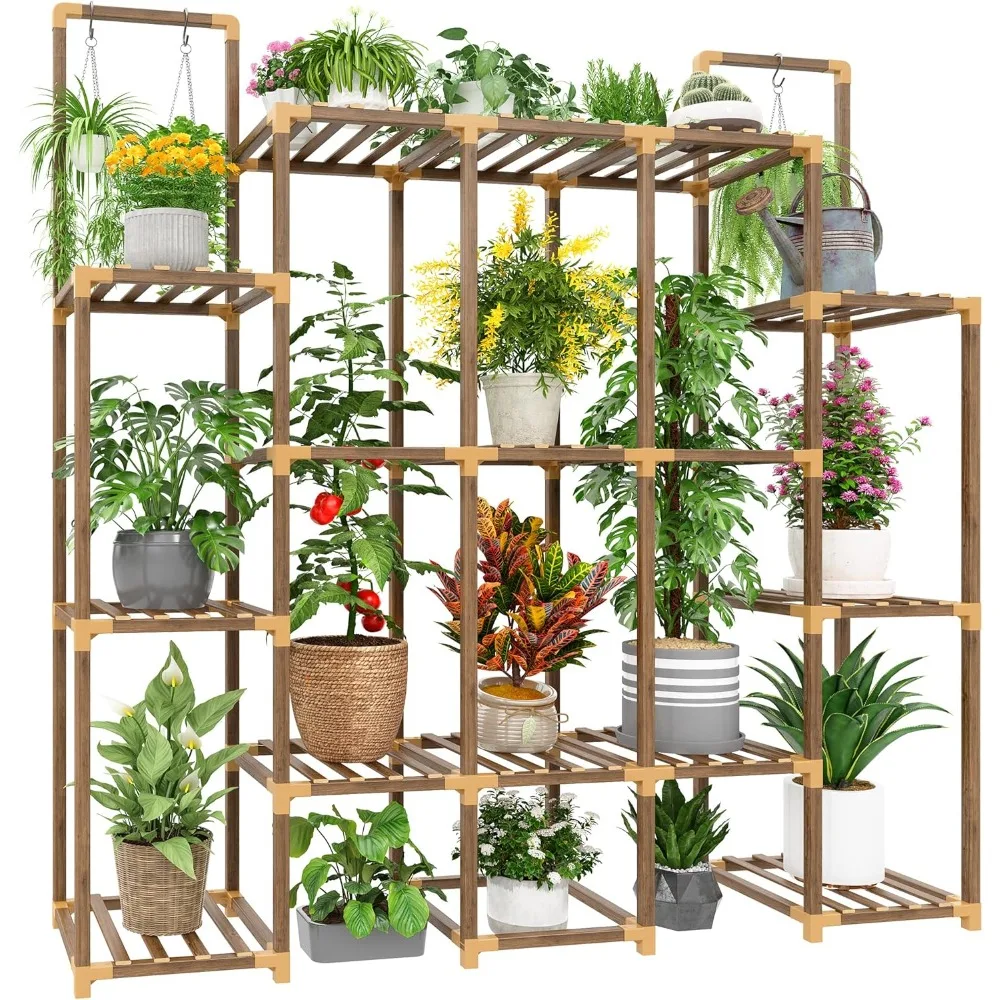 

Indoor Load-Bearing Wood Plant Stand for Multiple Plants with 13Potted & Double Rod for Hanging Rack Plant Shelves Transformable