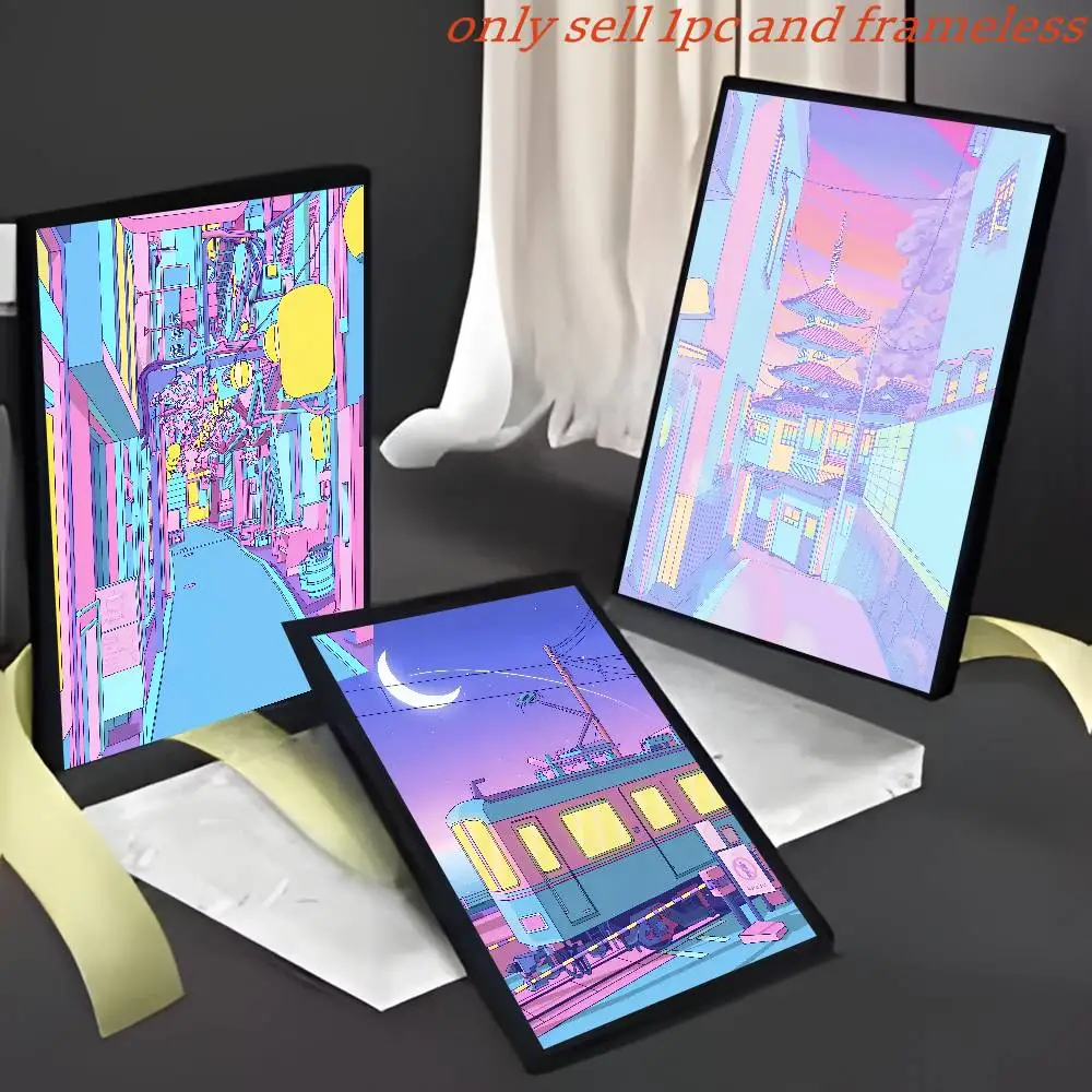 80s Neon City Street Vaporwave Canvas Posters Japan Street Moon Anime Decoration Painting Wall Art Print Kids Kawaii Room Decor