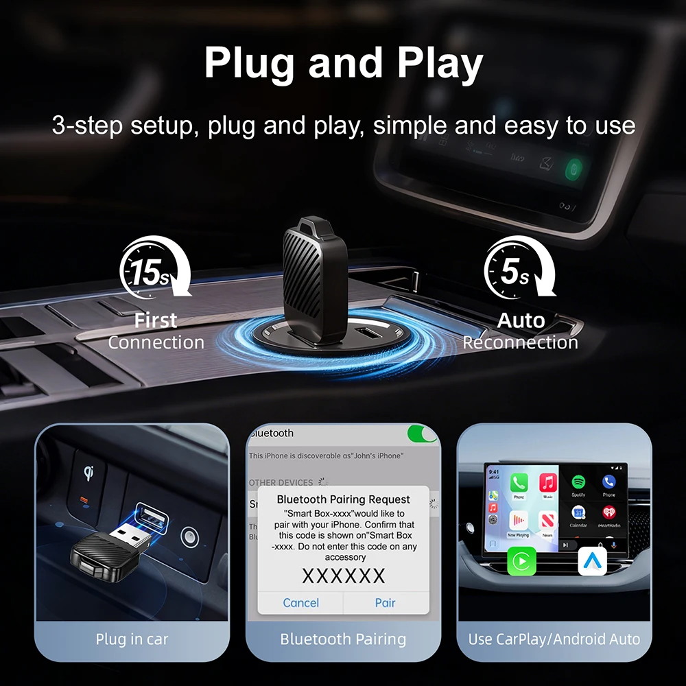 Adapter bezprzewodowy CarPlay i Android Auto 2w1, inteligentny system AI do samochodu z przewodowym CarPlay