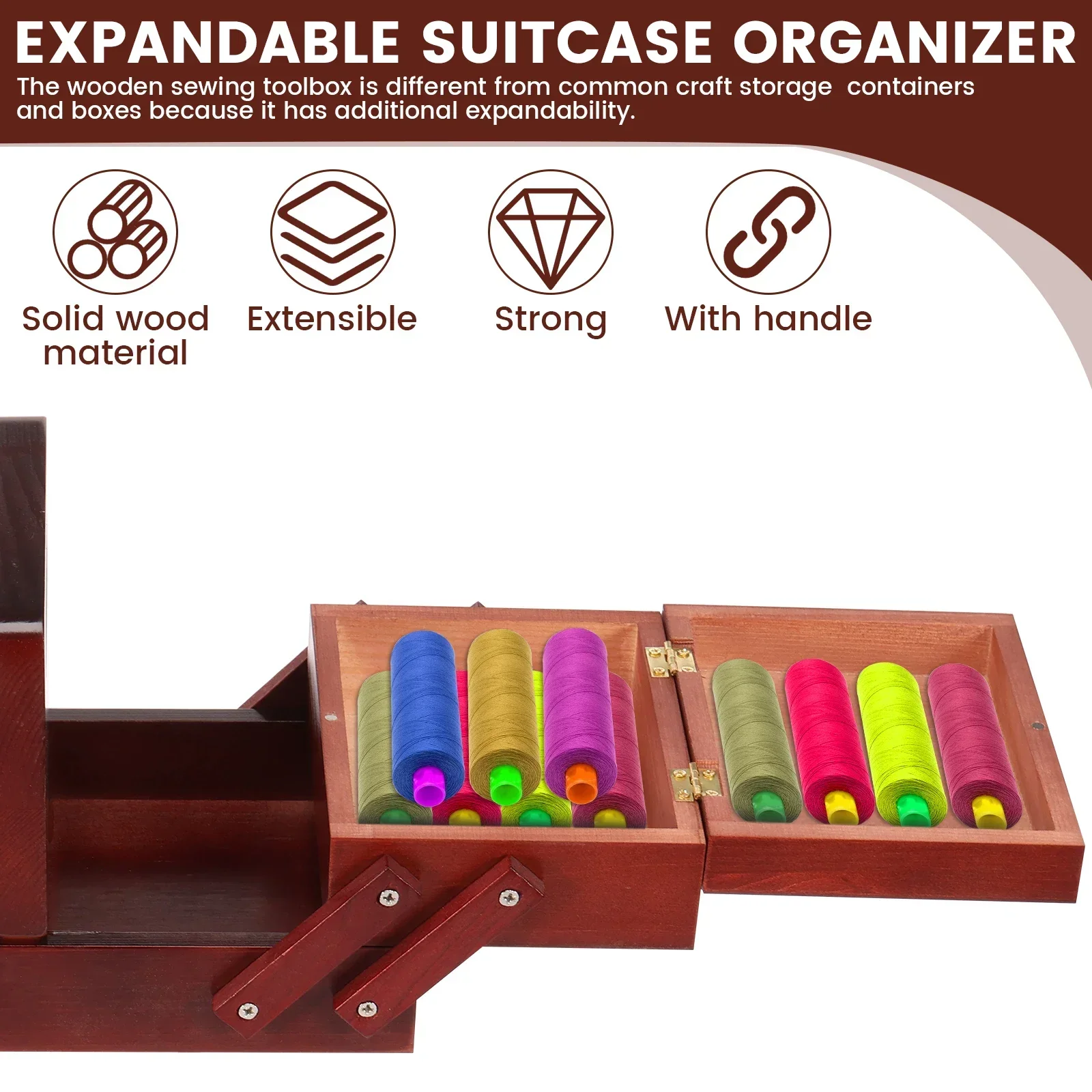 Expandable Sewing Thread Box Wood Vintage Bobbins Empty Sewing Reel Basket with Handle Needle Thread Storage Case DIY Tools view 5