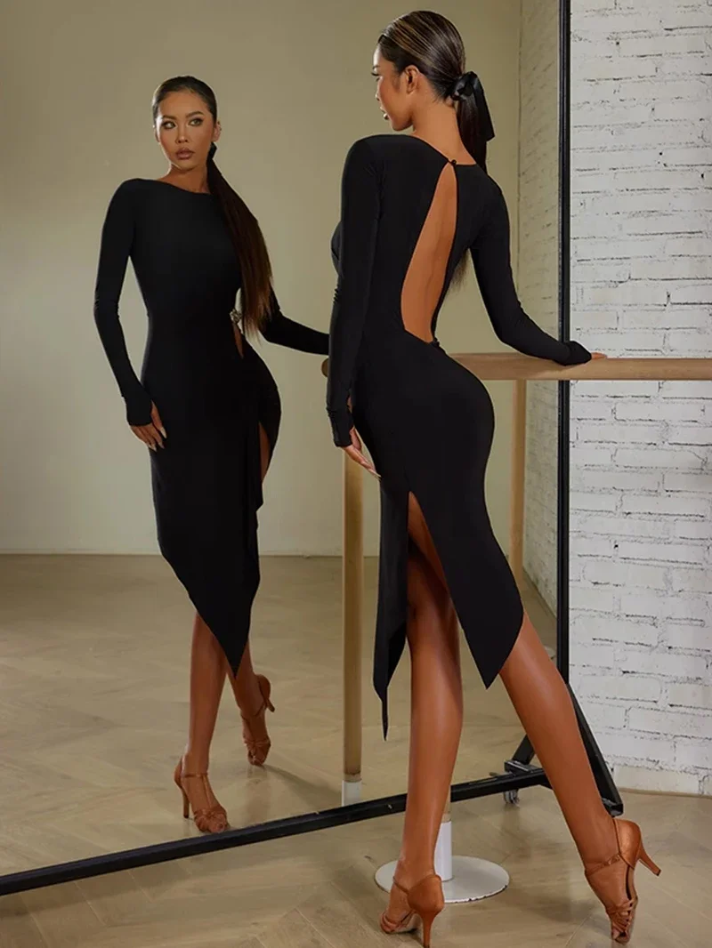 ชุดเดรสผ่าหลังแบบเปิดหลัง ดีไซน์หรูหราและสง่างาม สำหรับผู้หญิง ชุดฝึกซ้อมเต้นละติน ชุดเต้นบอลรูมสำหรับผู้ใหญ่ พร้อมชุดชั้นในในตัว