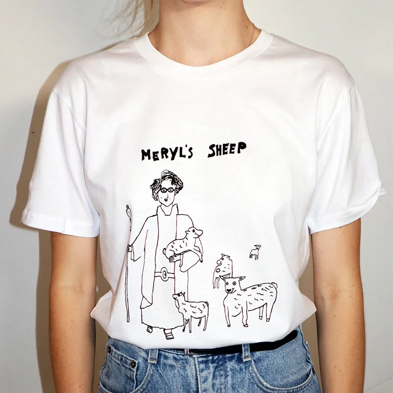 Meryl's Sheep Humor Printed White Graphic Tees Unisex Short Sleeve Loose Aesthetic Tops Crewneck Summer Tumblr Grunge T Shirts