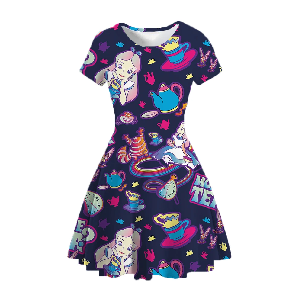 Disney children's dress Alice dream princess dress party dress Alice in Wonderland print short-sleeved puffy skirt gentle style image 5