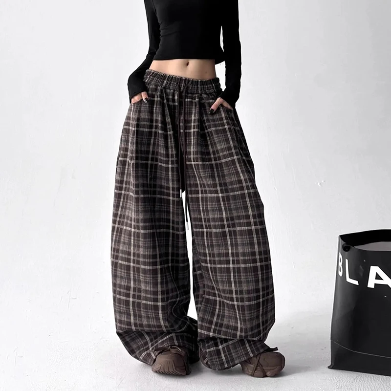 

Plaid Wide Leg Pants Women Vintage Fall Winter Thick Loose Casual Trouser American Retro Streetwear High Waist Drawstring Pants