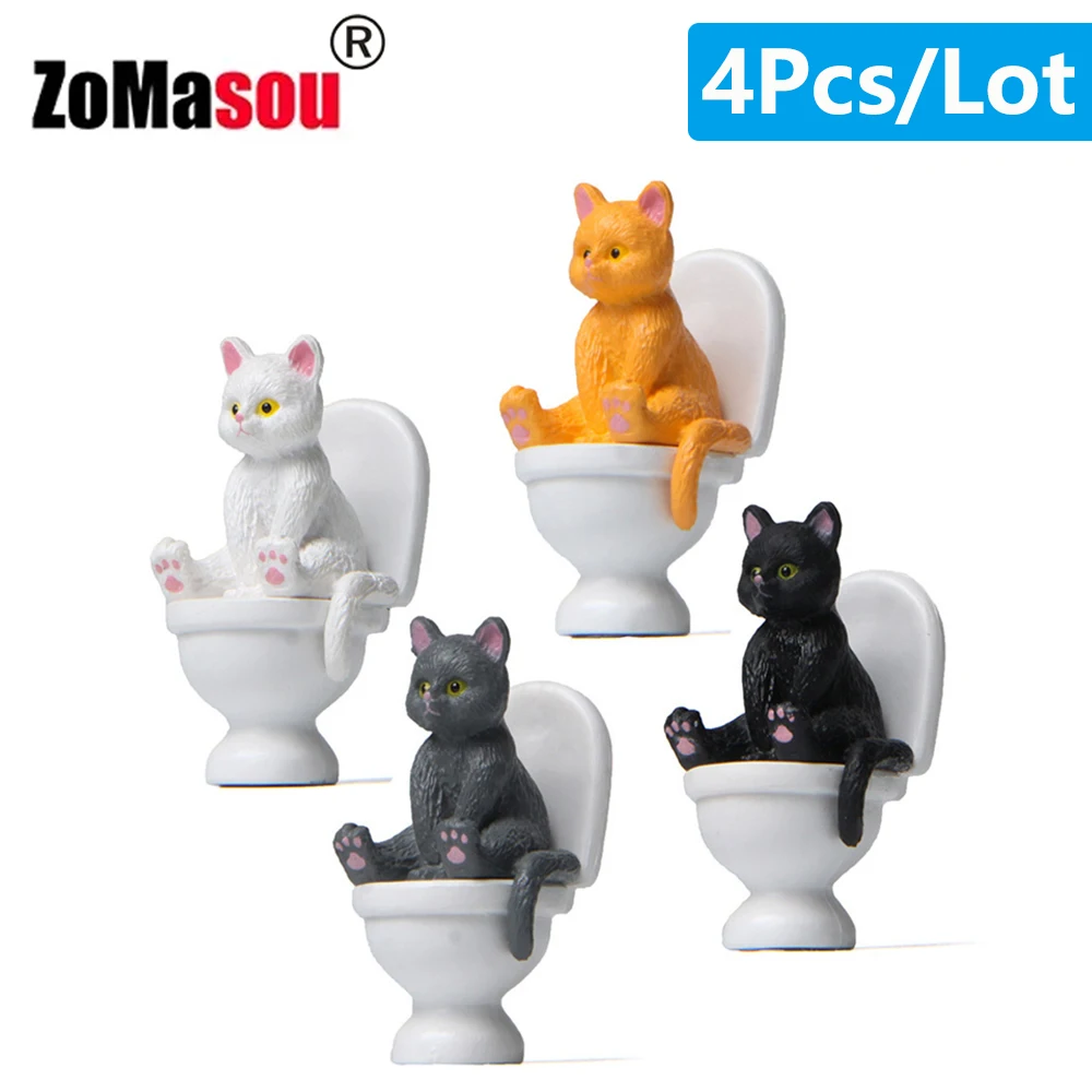 Cat Sit On Figurines Toilet Cat Ornament Kawaii Cat Doll Micro Landscape Fairy Garden Miniature for Kids Cat Toy Home Decoration