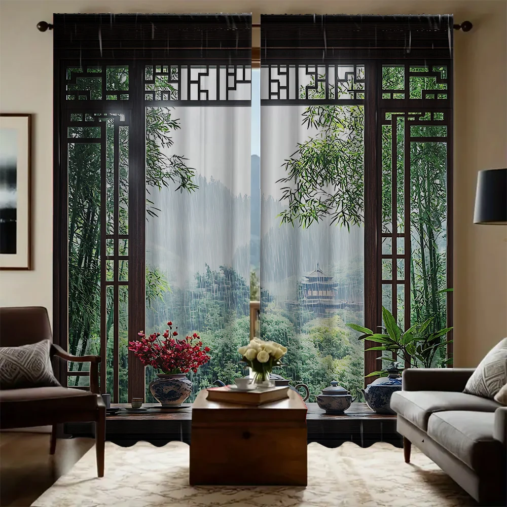 2PC Home View outside the window Curtains With Landscape Background And Pole Pocket Curtains, Kitchen, Coffee Shop, Living Room