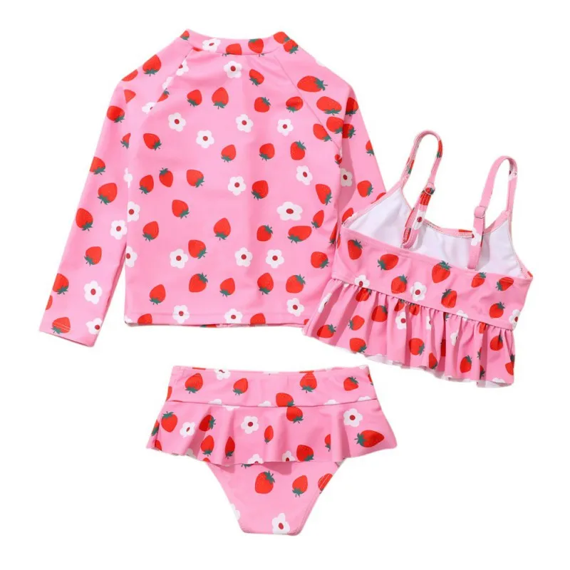 Three-piece Swimsuit for Girls Bikini Underwear Round Neck Trench Coat and Spaghetti Straps Cordless Bra for Swmming