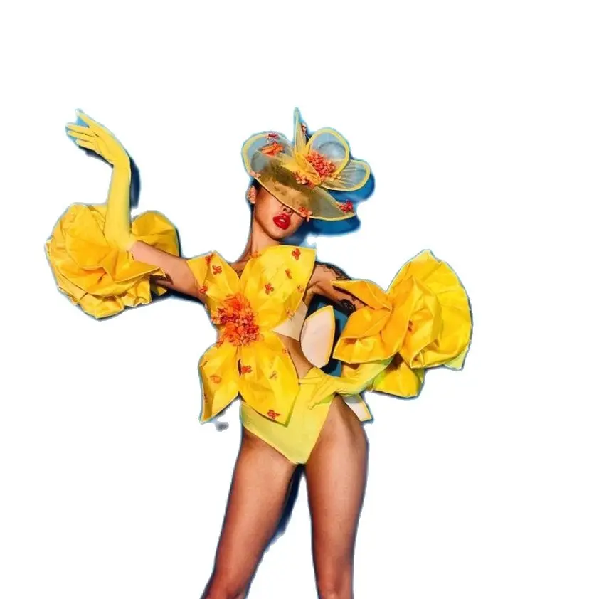 

New Sexy Women Bar Nightclub Dance Costume Yellow Flower Gloves Bodysuit Singer Stage Wear Party Show DJ Jazz Performance Outfit