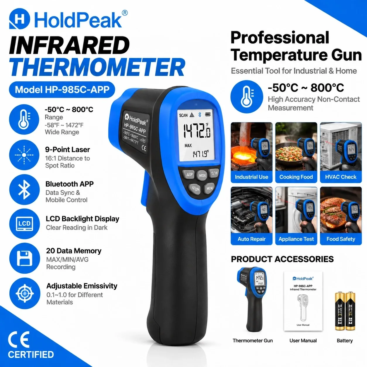 HoldPeak 985C-APP Laser Infrared Thermometer -50℃~800℃ 16:1 Emissivity Adjustable MAX/MIN/AVG Alarm for HVAC