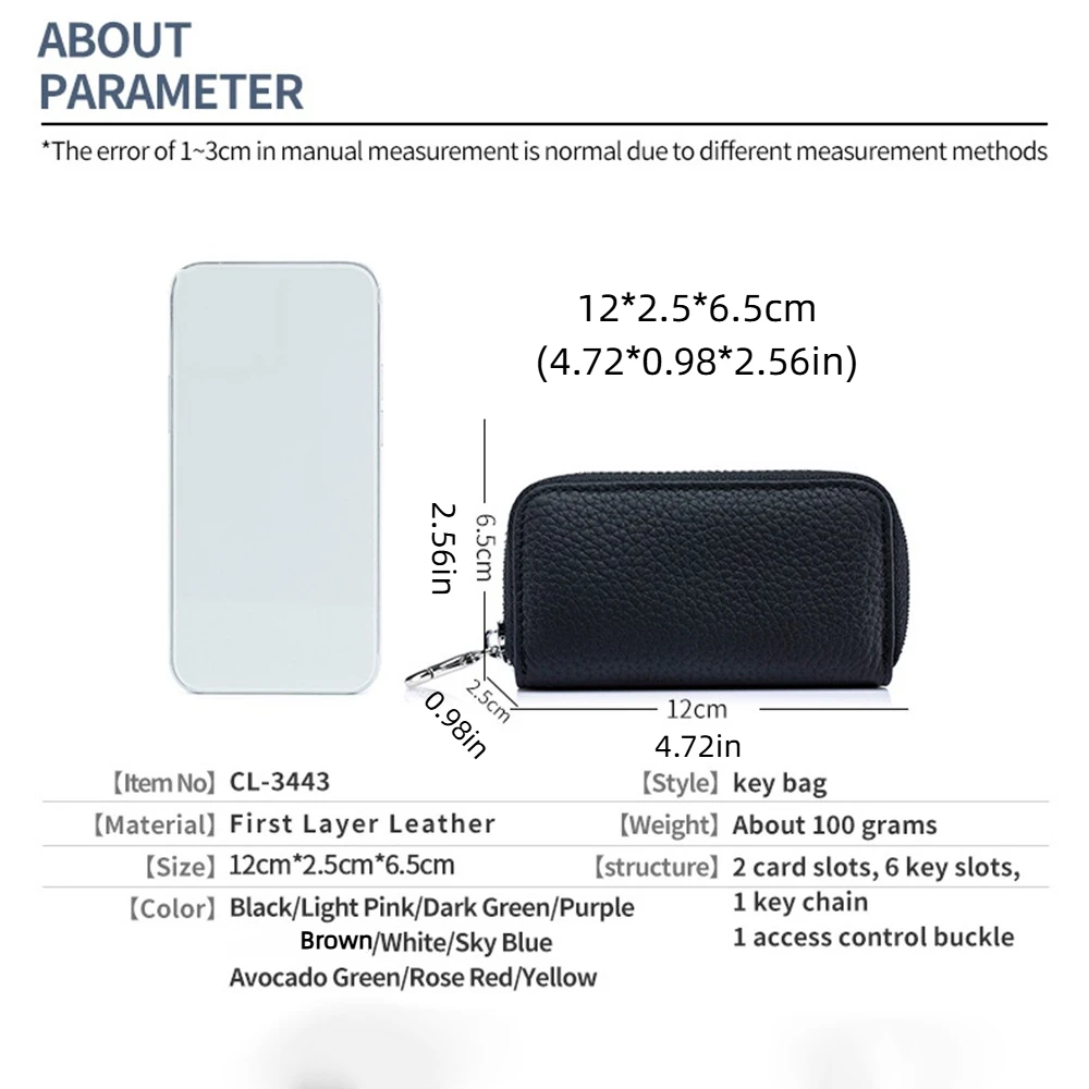 Multifunctional Keychain Pouch Zipper Closure Soft Leather Housekeepers Key Holder Durable Waterproof Car Key Organizer Men