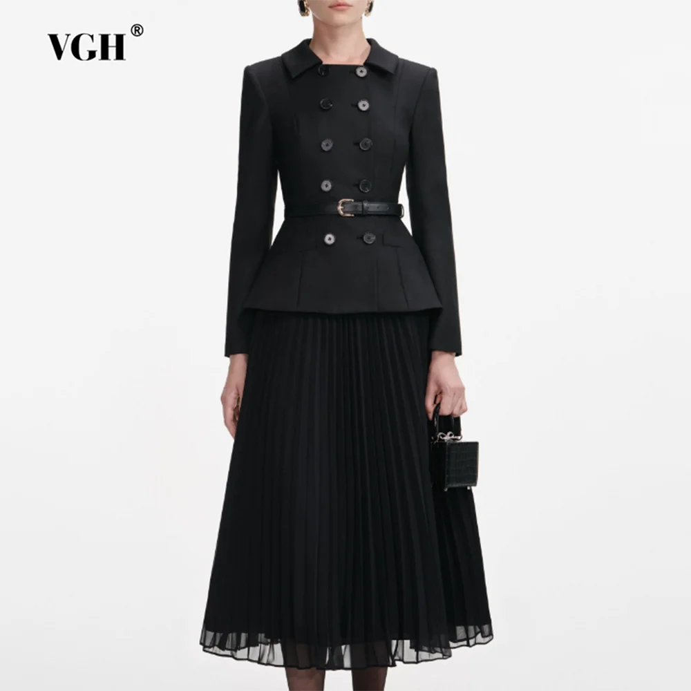 

VGH Solid Temperament Double Breasted Dresses For Women Lapel Long Sleeve High Waist Elegant Vintage Dress Female Fashion New