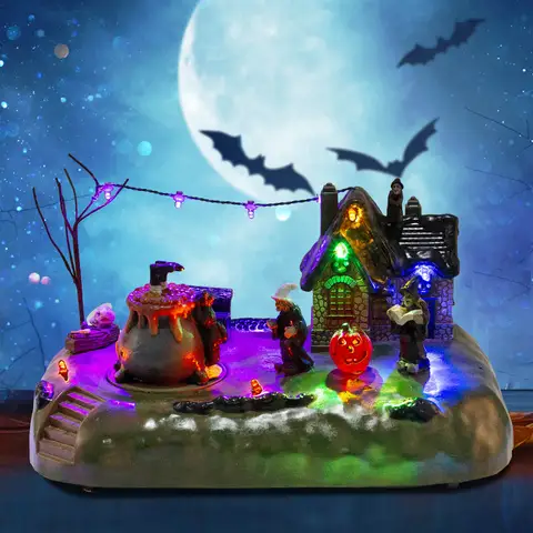 Halloween Village Witch Cauldron Bubble Figurine with Lit House Spooky Town Indoor Decoration Accessories for Holiday Display