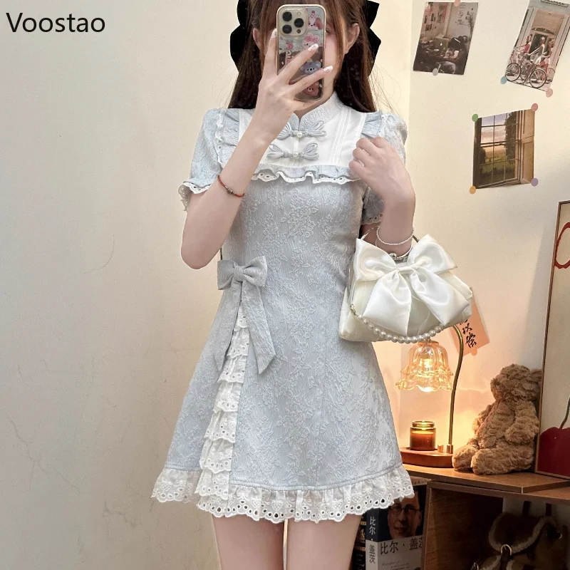 Blue Sweet New Chinese Style Lolita Mini Dress Women Elegant Vintage Bow Lace Ruffles Party Dresses Female Casual Slim Cheongsam