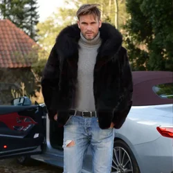 Men's Faux Fox Fur Coat Autumn Winter Men Fashion Long Sleeve Warm Hooded Faux Fur Black Casual Men Jackets Cardigan Coat