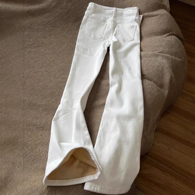 High Waist Slim-Fit Micro-Flare Jeans - Women's White Fleece-Lined 2026 Autumn Winter