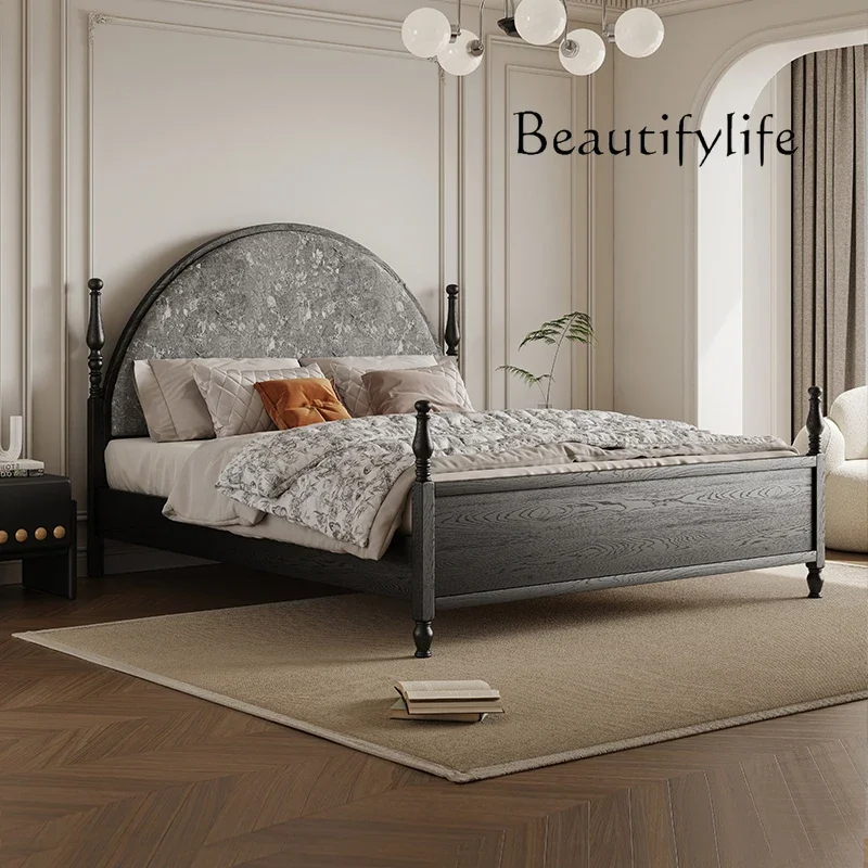 

X36 French Retro Solid Wood Bed Modern Simple Round Head American Light Luxury Master Bedroom Double Bed Black Princess Bed