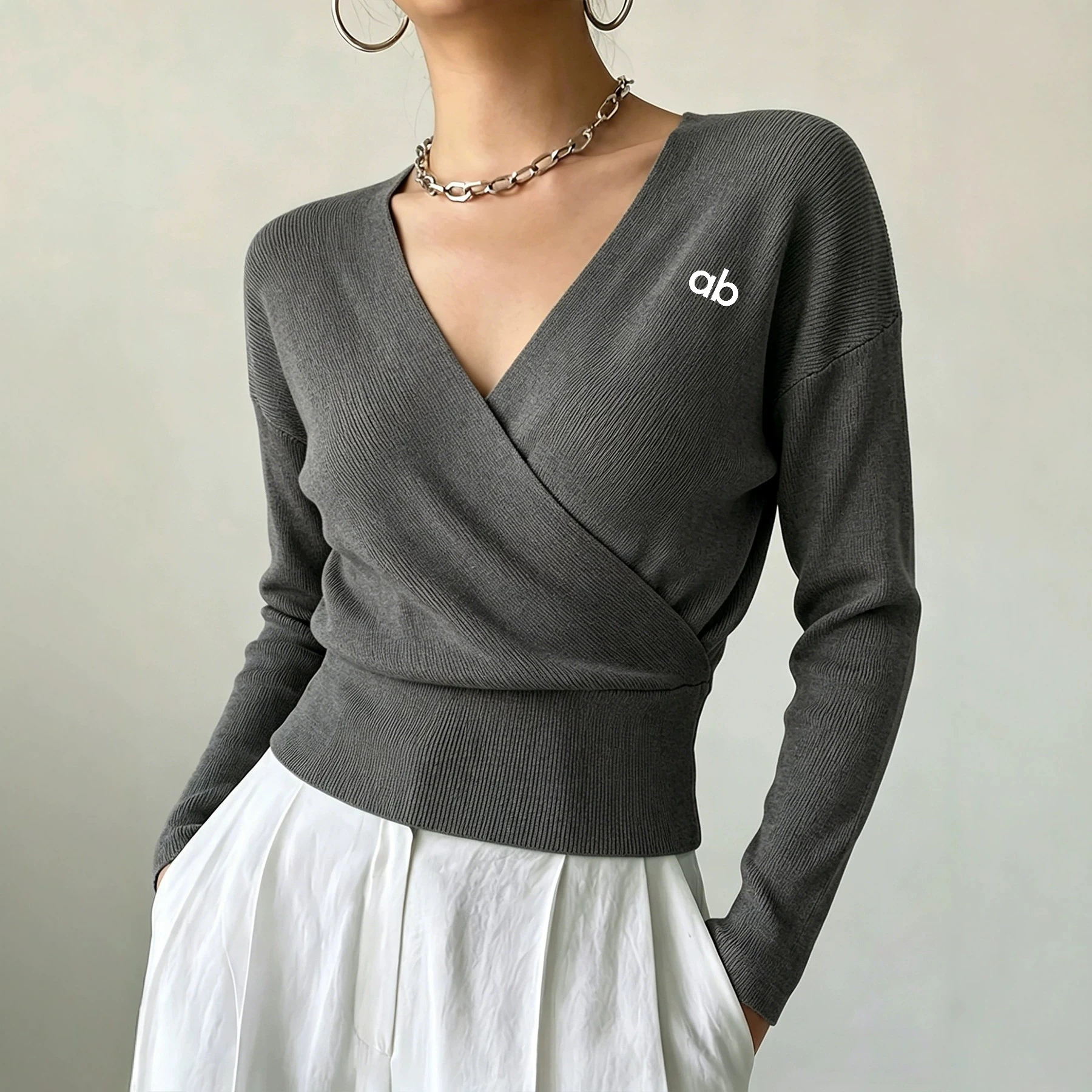 Women V Neck Wrap Knit Top Long Sleeve Slim Fitted Ribbed Sweater Elegant Office Casual Solid Color Pullover Viscose fiber