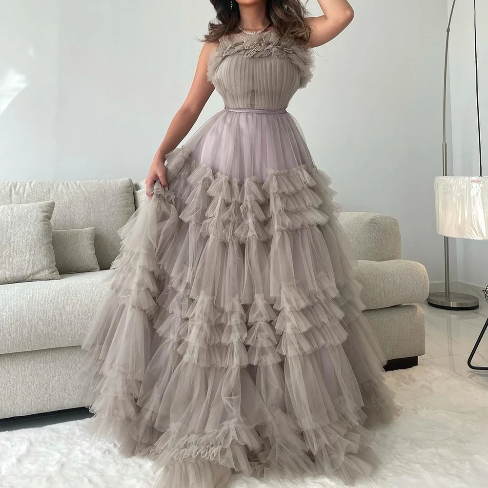 

Dubai Evening Caftan Dress Sleeveless Tulle A-Line Floor Length Pleats Tiered Strapless Sweep Train Bespoke Occasion Gowns 2024