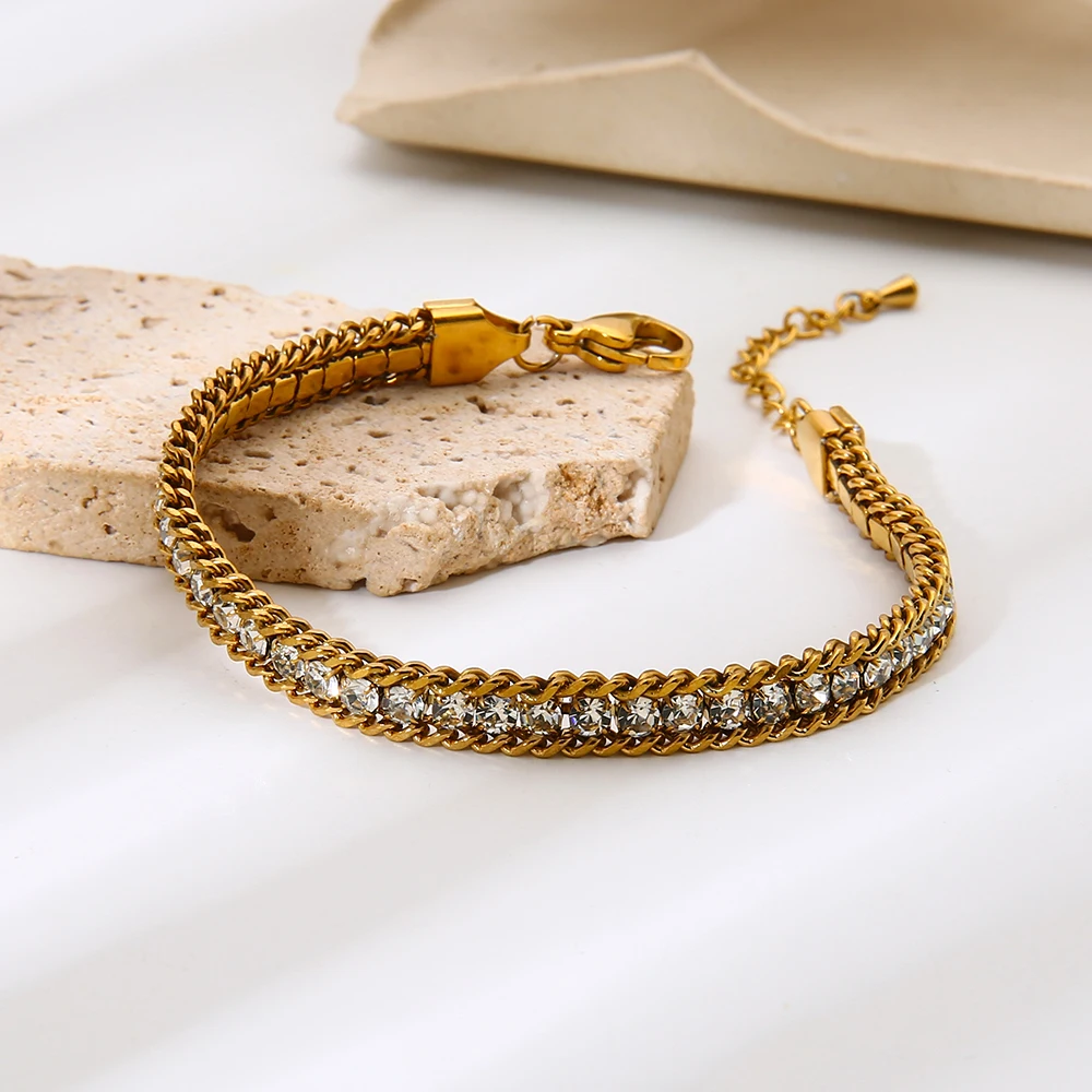 

Stylish Cubic Zirconia Three Layers Weave Bracelet 18K Gold Plated Stainless Steel Waterproof Luxury Jewelry for Women Wholesale