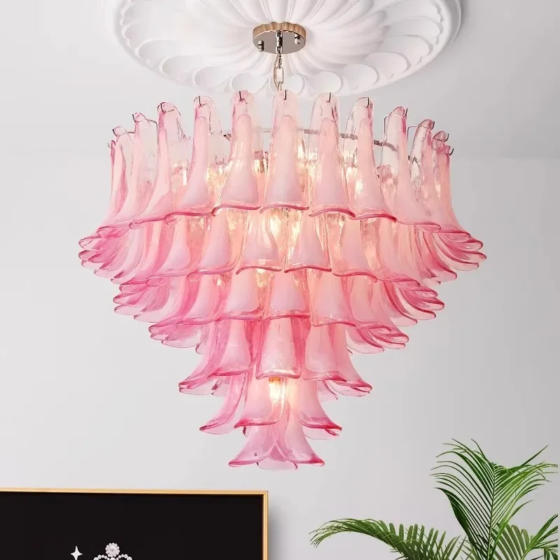 

Pink Glass Luxury Ceiling Chandeliers French Style Girl's Room Decoration Hanging Lamp Elegant Vintage Led Lighting Over Villa