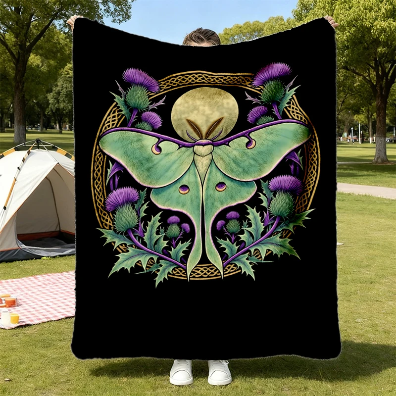 Scottish Thistle Luna Moth Flannel Blanket Travelers Scotland Heritage Botanical Flannel Throw Celestial Moon Nature