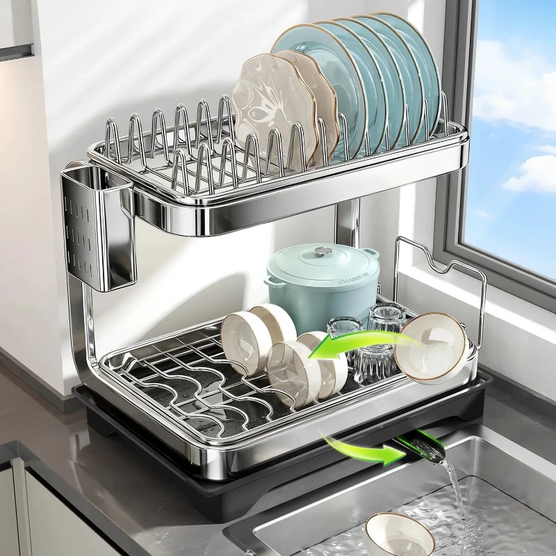 Stainless Steel Dish Drying Rack Adjustable Kitchen Plates Organizer with Drainboard Over Sink Plate Drainer Storage Organizer