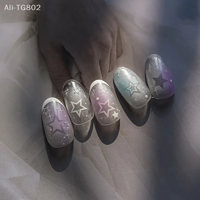 Transparente weiße, ausgehöhlte, sprühlackierte Stern-Schmetterlings-Nagelaufkleber im Pentagramm-Design, Dekorationen für Fingernägel