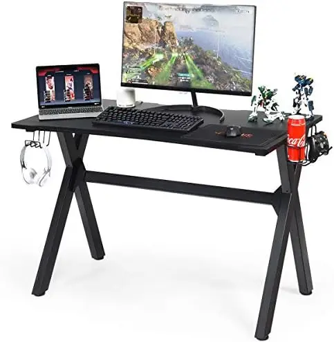 

Computer Desk Gaming Desk, Ergonomic E-Sports Desk with Cup & Headphone Holder and Mouse Pad, Gamer Workstation with Carbon