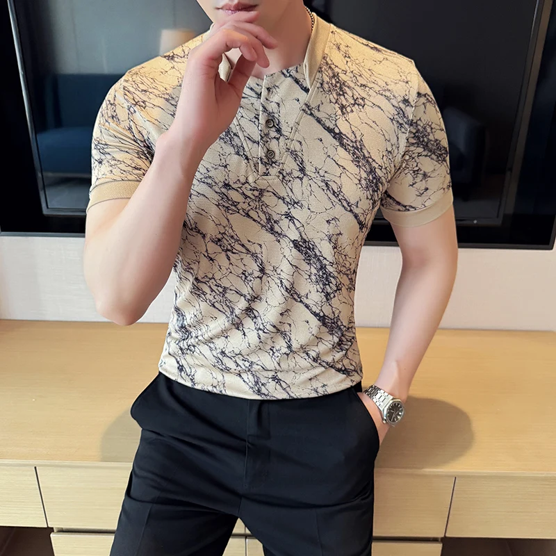 

Summer Men Polo Shirts Fashion V Neck Short Sleeve Men's Casual Polos Shirt Slim Fit Ice Silk Casual Comfortable Print Tops Tees