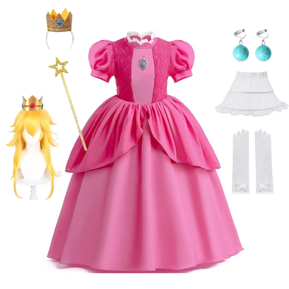 Peach Princess Cosplay Dress Girl Movie Role Playing Costume Birthday Party Stage Performace Outfits Kids Carnival Fancy Clothes