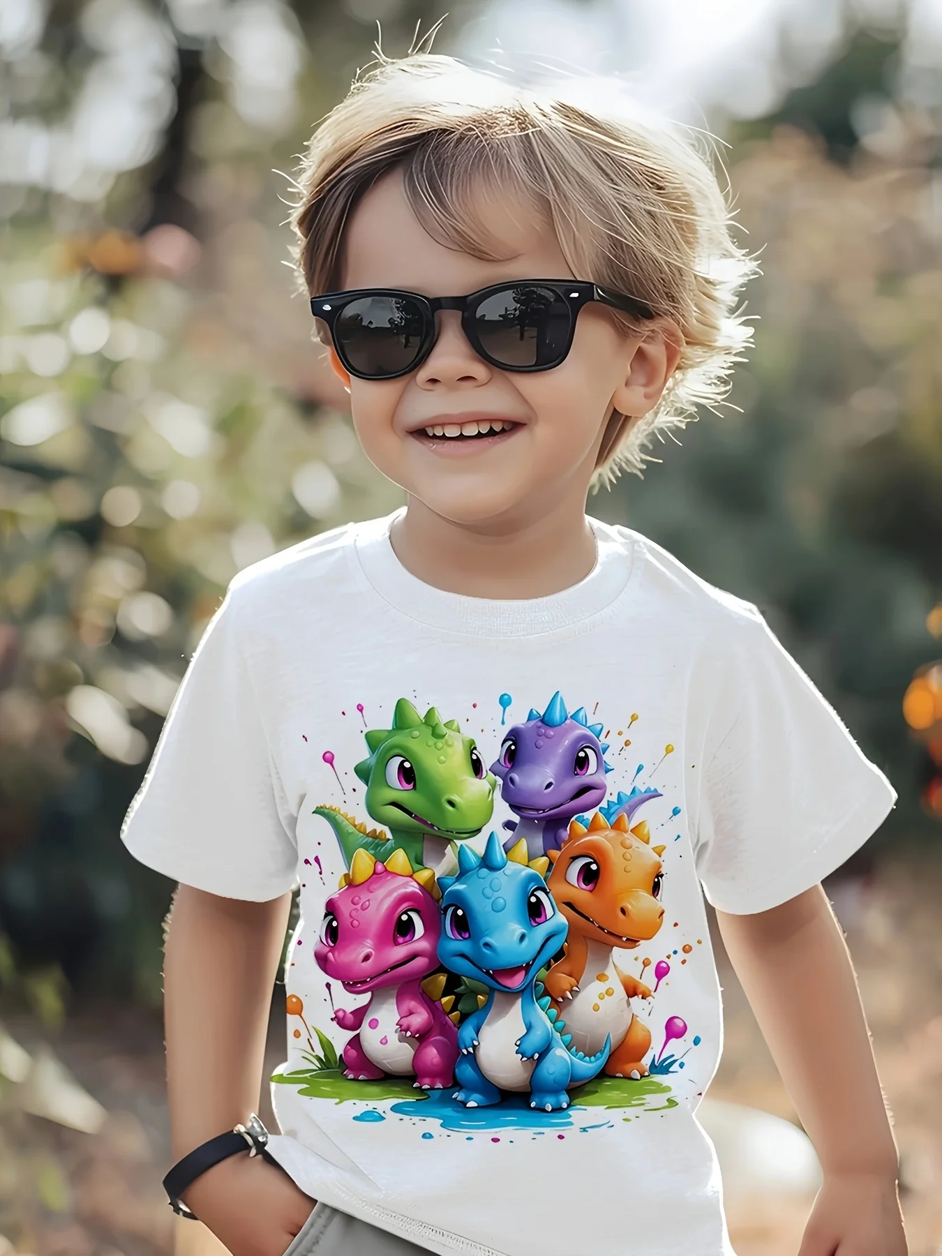 Boys Crew‑Neck Short‑Sleeve T‑Shirt, 5 Cute Cartoon Dinosaurs Print, Casual Top for Outdoor Sports, Limited‑Time Special Offer