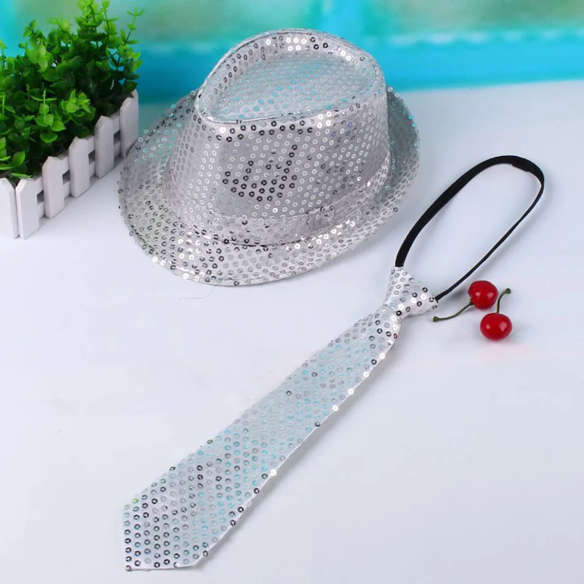 

3pcs Sequin Accessory Set Silver Jazz Hat Tie Glove For Adults Dance Performance Costume Lightweight Party Festival