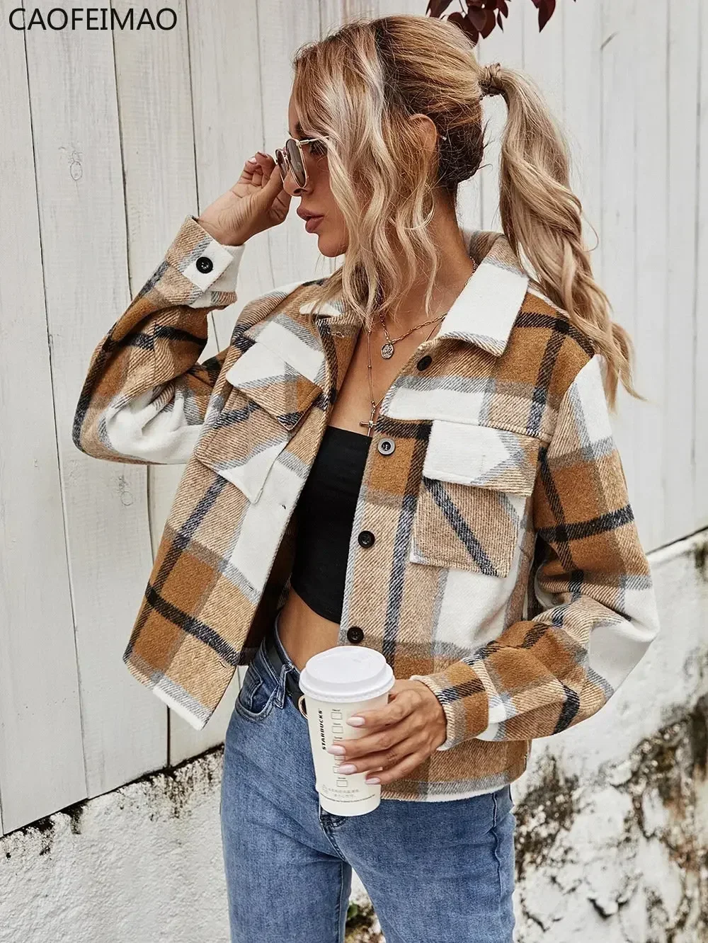 2023 New Winter Jackets Women Coat Lapel Plaid Single-Breasted Woolen Short Coat Autumn Plaid Print Drop Shoulder Crop Overcoat